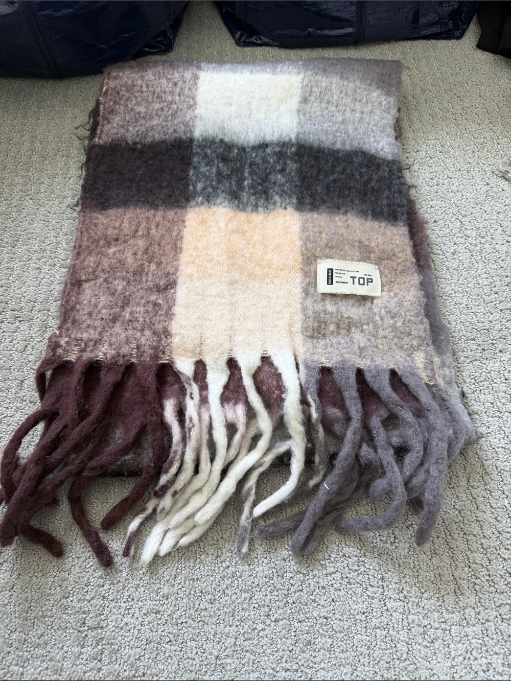 OP Neutral Plaid Fuzzy Blanket Scarf in Beige, Gray, Cream